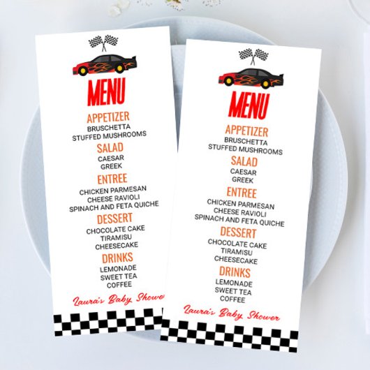 Menu Red Flame Race Car Baby shower Nourriture