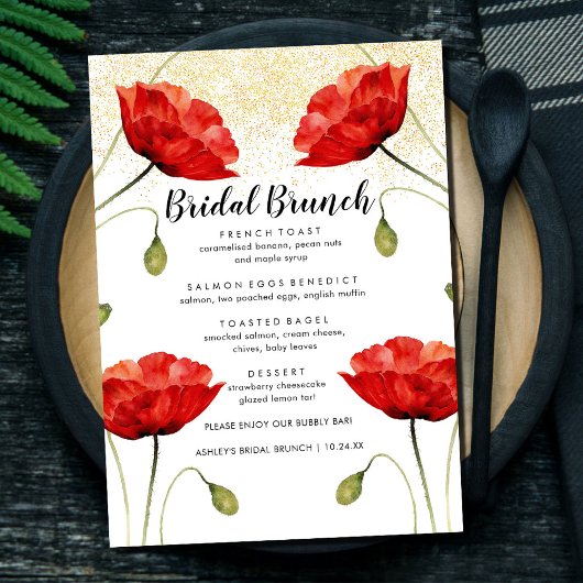 Menu Red Floral Elegant Parties scintillant Bridal Brun