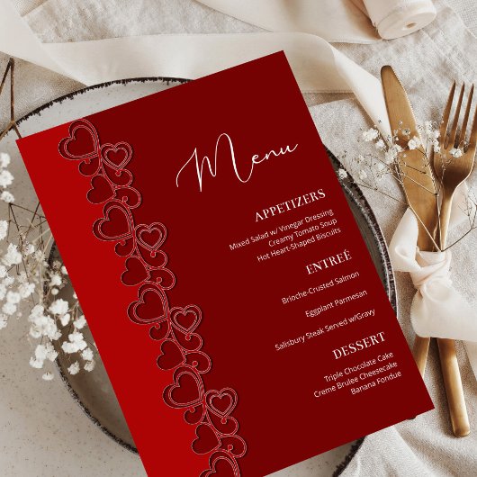 Menu Red Romantic Hearts Flammes de Saint Valentin Fête