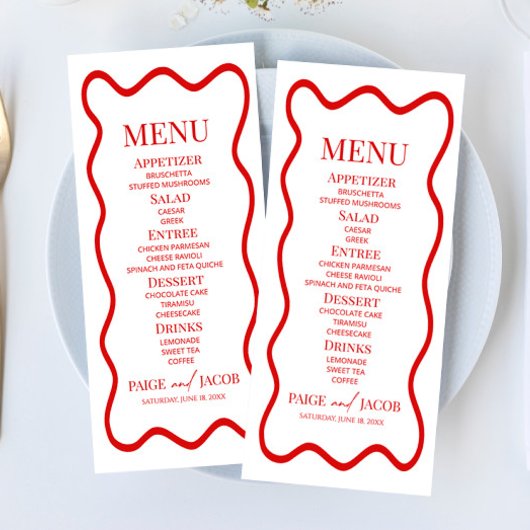 Menu Red White Elegant Wavy Border Wedding Food