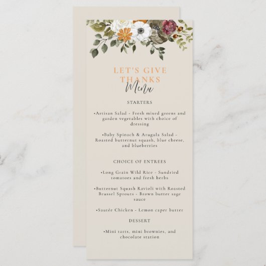 Menu Remercions Aquarelle Thanksgiving Ivory (Devant / Derrière)