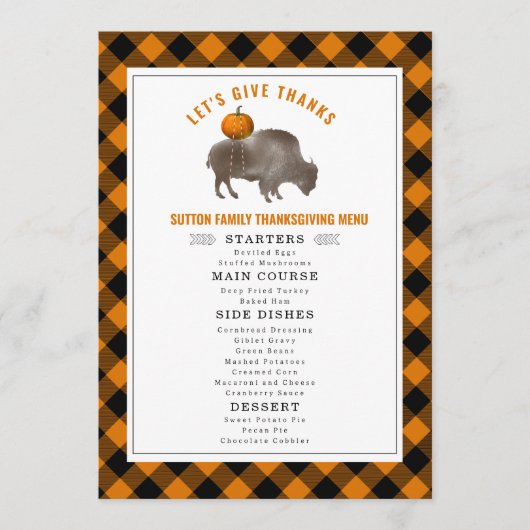 Menu Remercions Buffalo Plaid Bison Thanksgiving (Devant)