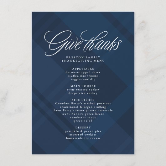 Menu Rendez grâce dîner de Thanksgiving carreau marine (Devant)