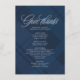 Menu Rendez grâce dîner de Thanksgiving carreau marine