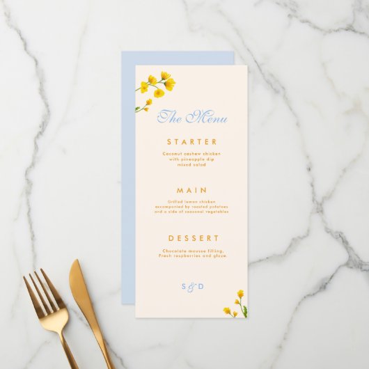 Menu Renoncule bleue et jaune (Devant/Arrière en situation)