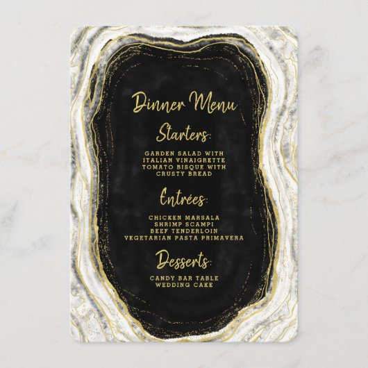 Menu Repas Marbre Agate Géode Noir Blanc & Or (Devant)