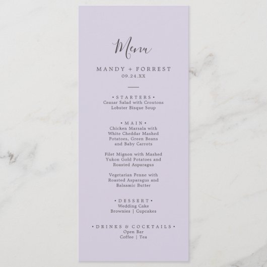 Menu Repère Rustique Lavande Purple Mariage Dîner (Devant)