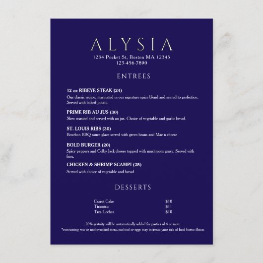 Menu Restaurant Fleur Navy Luxe Moderne (Devant)