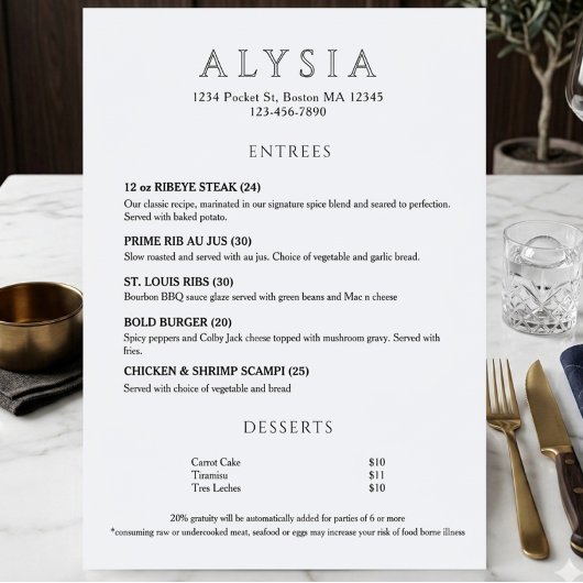 Menu Restaurant Minimaliste de Luxe Moderne