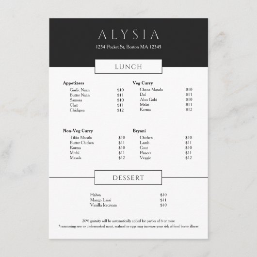 Menu Restaurant Minimaliste Moderne Sophistiqué (Devant)