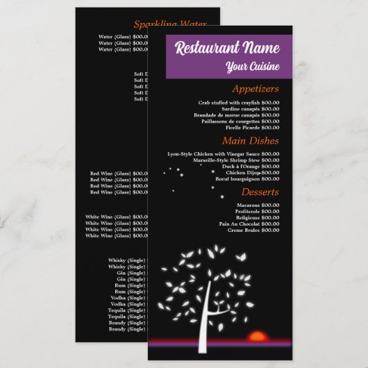 Menu Restaurant Soleil Ciel de Nuit, Format Réduit (Devant / Derrière)