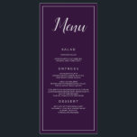 Menu Restauration Mariage violet et argentée<br><div class="desc">Un beau menu de réception de mariage, cet article dispose d'un arrière - plan violet avec une police et une bordure en argent. Le mot "Menu" est écrit en haut dans une belle police d'argent. Toutes les autres informations sont écrites en beaux caractères argentés. Personnalisez comme vous le souhaitez. Conception...</div>
