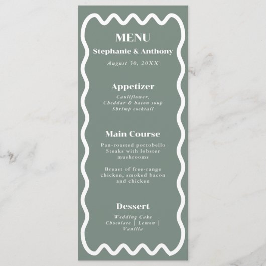 Menu Retro 1950 Wavy Edge Sage Green Mariage (Devant)