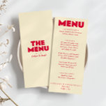 Menu Retro Coloré brillant Funky Gras Mariage moderne<br><div class="desc">Un menu coloré rétro moderne pêche jaune mariage menu pour le dîner. Ce qui présente le design modèle chic de boho vintage laiteux arrière - plan blanc et rouge vif typographie magenta et menu écrit à la main en bleu. Et un arrière - plan vert verdoyant. Parfait et assorti à...</div>