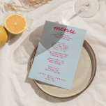 Menu Retro Colorful brillant Funky moderne Mariage mode<br><div class="desc">Un menu de dîner mariage moderne et coloré rétro et moderne. Ce qui présente le design modèle chic de boho vintage ciel bleu arrière - plan et rouge magenta typographie et menu écrit à la main en rouge. Parfait et assorti à toute la suite.</div>
