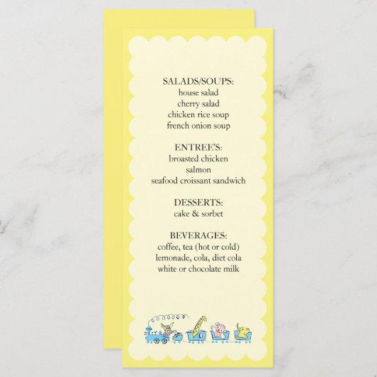 Menu Rétro insertion animale de baby shower du train | (Devant / Derrière)