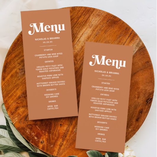 Menu Retro les années 70 Boho Burnt Orange Mariage