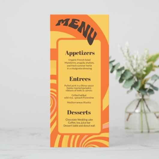 Menu Retro les années 70 Orange Jaune 3 cours Mariage M (Debout devant)