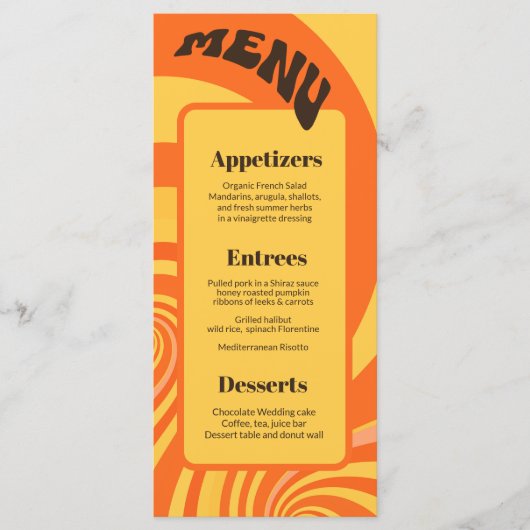 Menu Retro les années 70 Orange Jaune 3 cours Mariage M (Devant)