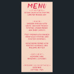Menu Rétro manuscrit coloré brillant Mariage moderne<br><div class="desc">Un menu coloré rétro moderne et chic,  rouge mariage et chatoyant. Ce qui présente un design modèle chic d'un arrière - plan de pêche boho brillant typographie de magenta rouge vif et un menu manuscrit en rouge. Parfait et assorti à toute la suite.</div>