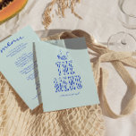 Menu Rétro manuscrit dessiné coloré brillant Mariage<br><div class="desc">Un menu de dîner mariage moderne et coloré rétro et moderne. Ce qui présente le design modèle chic de boho vintage ciel bleu arrière - plan et la typographie bleue et menu écrit à la main en bleu et pièce dessinée à la main de gâteau et verre et fleur et...</div>
