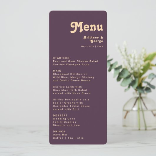 Menu Rétro moderne | Mariage Décontracté arrondi violet (Debout devant)