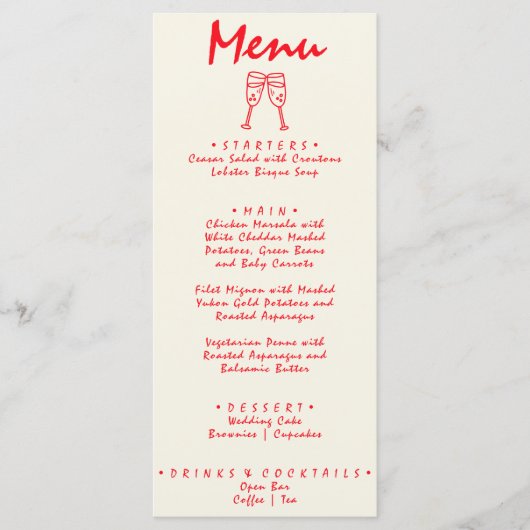 Menu Rétro rouge dessiné à la main Quirky unique Mariag (Devant)