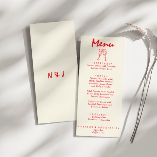 Menu Rétro rouge dessiné à la main Quirky unique Mariag