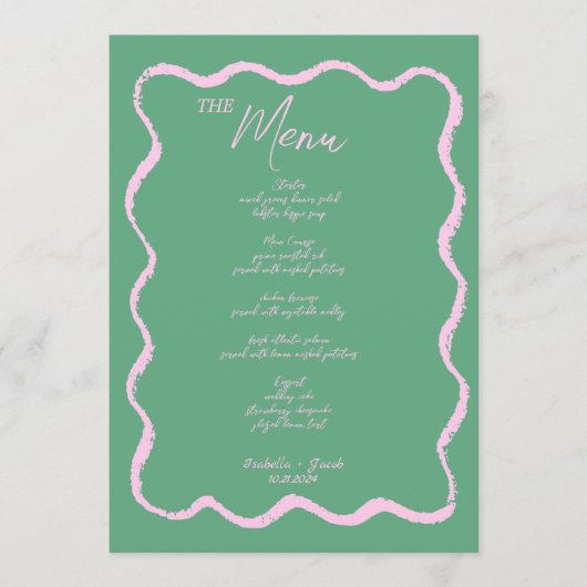 Menu Retro Squiggle rose et vert Mariage manuscrit (Devant)