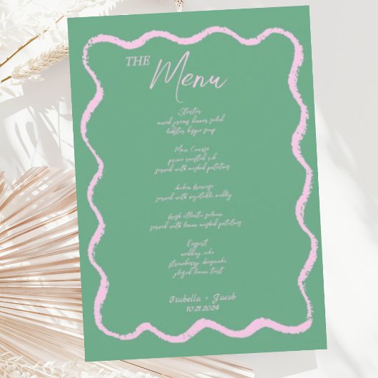 Menu Retro Squiggle rose et vert Mariage manuscrit
