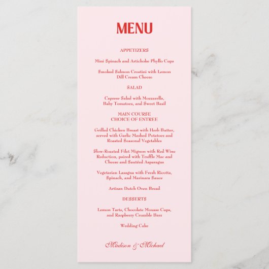 Menu Retro Valentine Wedding Photo Red Pink (Devant)
