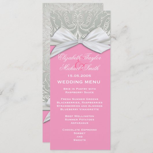 Menu Ribbon de luxe Silver/Pink Mariage damassé (Devant / Derrière)