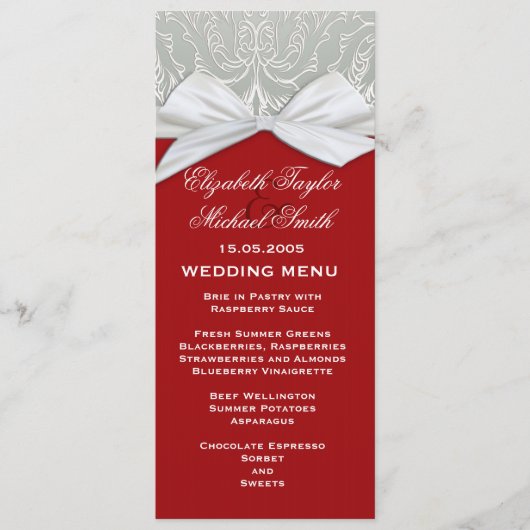 Menu Ribbon de luxe Silver/Red Mariage damassé (Devant)