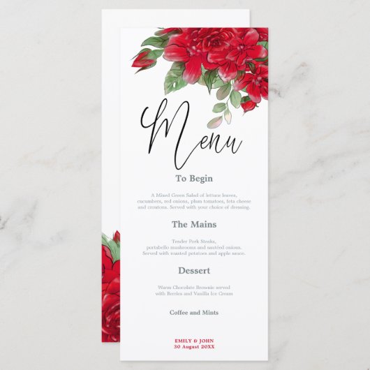 Menu Rich Red Roses mariage de script élégant (Devant / Derrière)