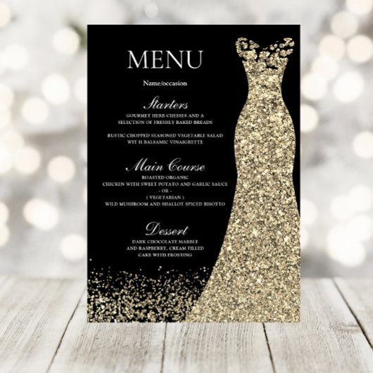 Menu Robe d'étincelle dorée Noir fête d'anniversaire