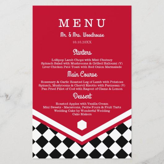 Menu Rode bruiloft met zwart gecheckt patroon (Voorkant)