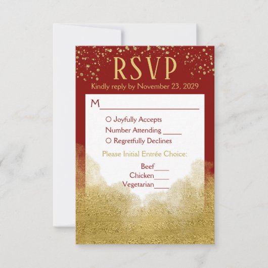 Menu Rode Gold Confetti RSVP Weddenschap (Voorkant)