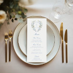 Menu Romantic Bleu Doux Vintage Monogram Crest Mariage<br><div class="desc">Elégante carte de mariage, agrémentée d'une étonnante crête de monogramme bleu floral mariage et de calligraphie classique. La crête monogramme apporte une touche d'élégance vintage à la carte. Il présente un design botanique doux bleu et vert complexe qui est à la fois intemporel et unique. L'élégante calligraphie ajoute une touche...</div>