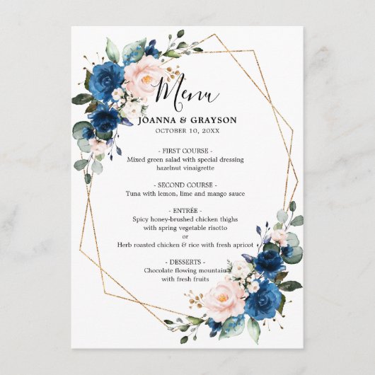 Menu Romantic Navy Blue Blush Rose Floral géométrique (Devant)
