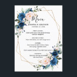 Menu Romantic Navy Blue Blush Rose Floral géométrique<br><div class="desc">Elégante et moderne carte de menu de mariage d'aquarelle géométrique et romantique avec un bouquet de bleu marine, bleu royal, rose vif, violet, roses d'aquarelle pêche avec le feuillage assorti. Parfait pour un mariage d'automne/mi-été. S'il vous plaît trouver d'autres modèles et variantes de mon magasin "blissweddingpaperie". Et n'hésitez pas à...</div>