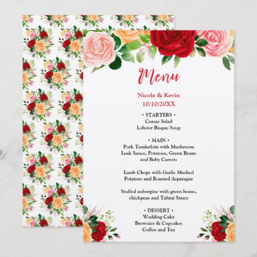 Menu Romantic Roses FloralRomantic Red and Oran Wedding (Devant / Derrière)