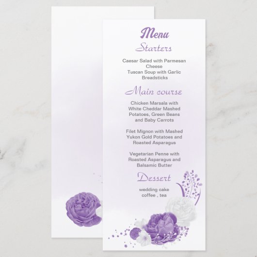 Menu romantique & blanc violet mariage (Devant / Derrière)