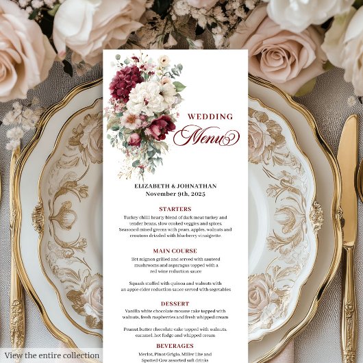 Menu Romantique Boho Bourgogne Rose blanche Mariag