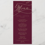 Menu Romantique Bourgogne Calligraphie Mariage Dîner Me<br><div class="desc">Cette carte de menu romantique en calligraphie bordeaux mariage est parfaite pour un mariage simple. Le design classique moderne comprend des tourbillons fantaisistes et des fleurs fantaisistes avec une magnifique typographie de feuille d'or en faux champagne. Ce menu peut être utilisé pour une réception de mariage, un dîner de répétition...</div>