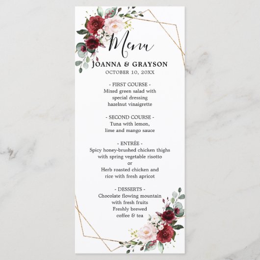 Menu Romantique Bourgogne Rouge Blush Rose Floral Géomé (Devant)
