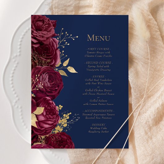 Menu Romantique Burgundy Gold Navy Mariage floral bleu