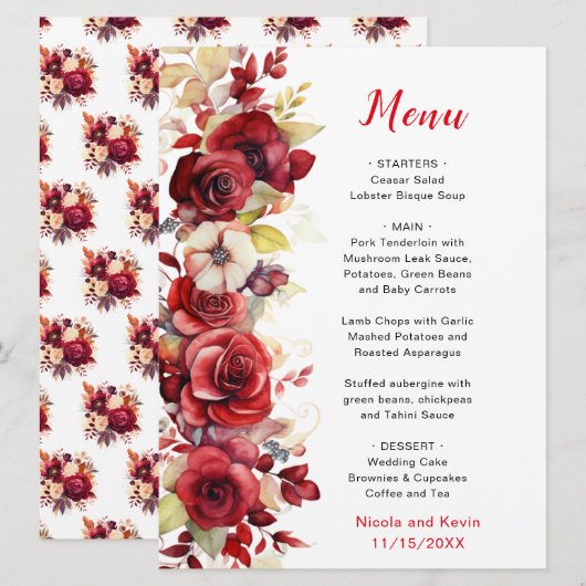 Menu Romantique Roses Rouges Mariage Floral (Devant / Derrière)