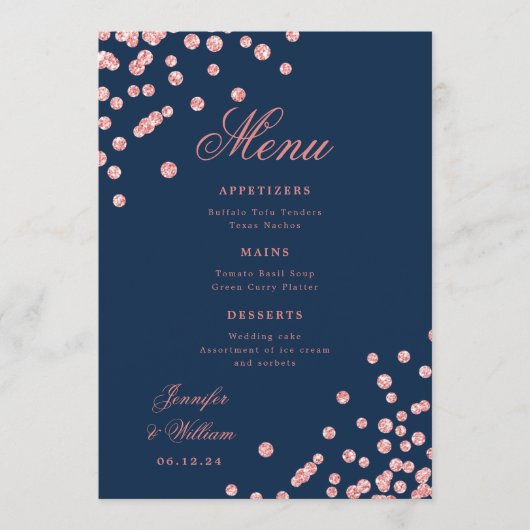 Menu Romantique Script Mariage Confetti Rose Gold Navy (Devant)