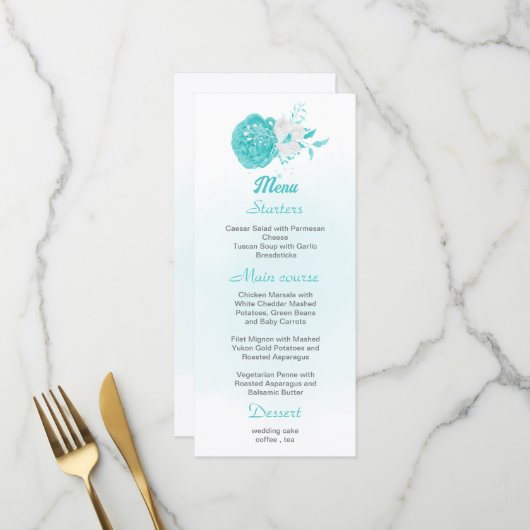 Menu romantique turquoise blanc mariage à fleurs (Devant/Arrière en situation)