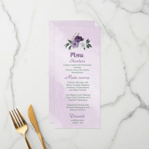 Menu romantique violet fleurs blanches vert feuille